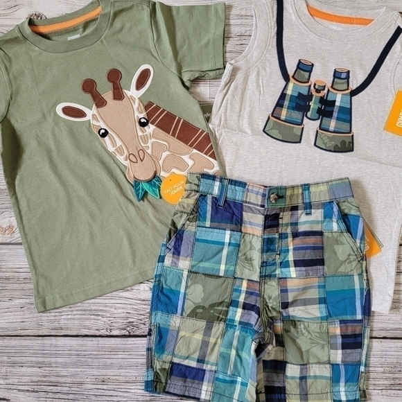 Embroidered Giraffe T-Shirt Binoculars Tank Top Patchwork Shorts Zoo Trip Bundle - Picture 1 of 9